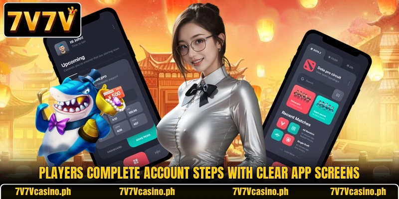 Players complete account steps with clear app screens